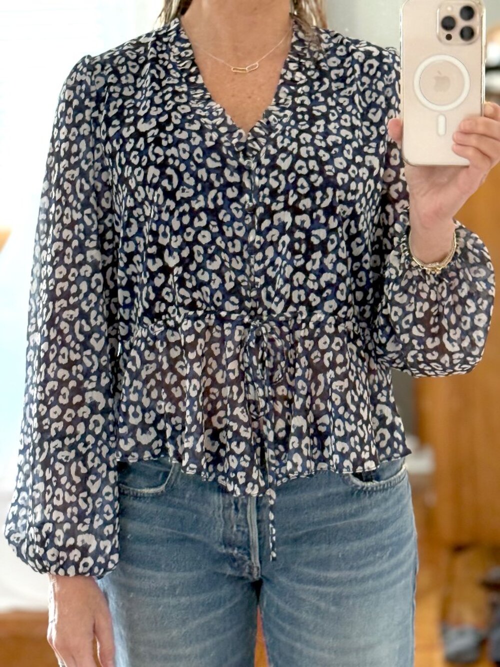VICI Navy Animal Print Long Sleeve Drawstring Waist Blouse Medium
